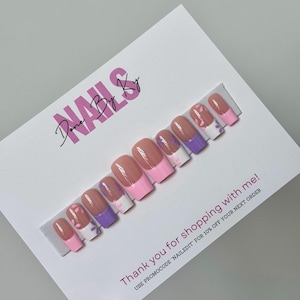 Pink & Purple Flower Press On Nails | Press On Nails | Spring Nails | Flower Nail Art | Pink Nails | French Tip Nails | Fake Nails
