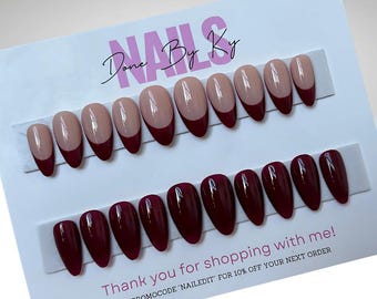 Handmade Burgundy Press On Nails: French Tip Nail Art Set