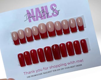 Handmade Red French Tip Press On Nails: Basic Nail Art Set