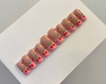 Pink French Tip Press On with Cherries | Press On Nails | Valentine’s Day Nails | Red Nails | Summer Nails | Fake Nails