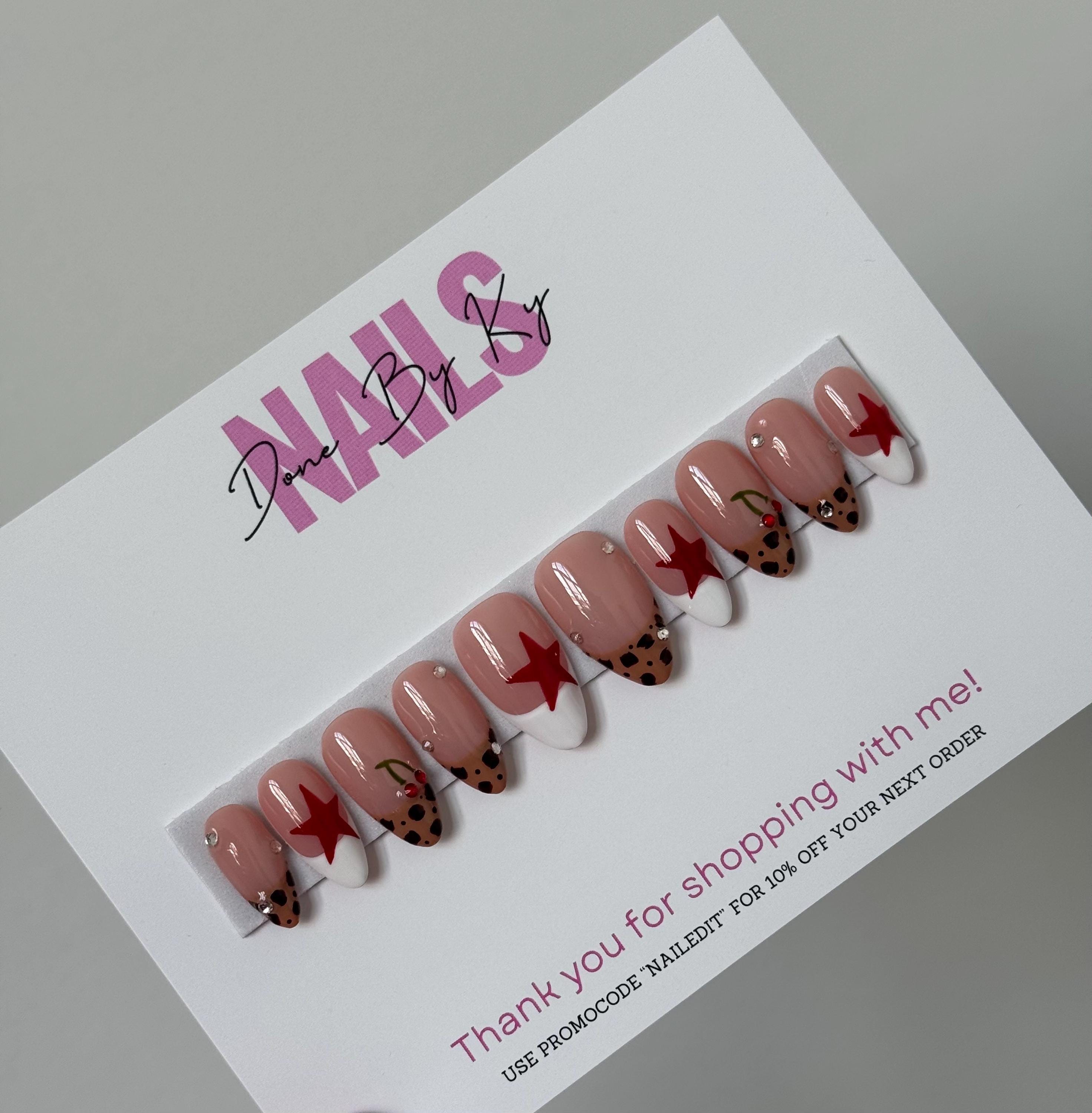 Cheetah Print French Tip With Stars Press On Nails | White French Tip Nails | Cheetah Print Nails | Cherry Nails | Fake Nails
