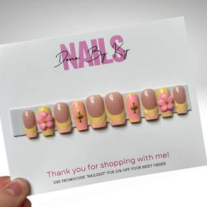 Handmade Yellow & Pink Flower Press On Nails: 3D French Tip Nail Art