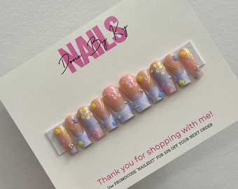 Pink and Yellow Hawaiian Flower Press On Nails | Hawaii Flowers | French-Tip Nails | Hibiscus Nail Art | Summer Nails | Fake Nails