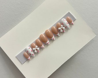 Pink rose petals | Press On Nails | Nail Art | Coquette Nails  | White and Pink Nails |Pink Flowers  | Pink Press On Nails | NailsDoneByKy