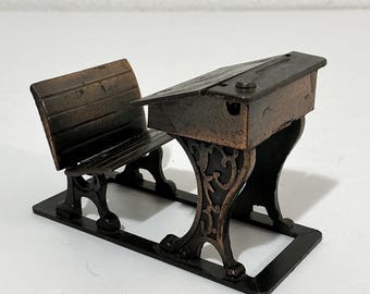 Vintage Miniature Die Cast Metal School Desk & Bench by Durham Industries - Mid-Century Collectible, Dollhouse Furniture, Assemblage Supply