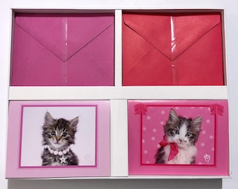 Kitten Note Cards Stationery Box Set - Pink Blank Cards w/ Photos of 2 Kittens (Charlie & Smudge), Pink Envelopes, in Striped Box