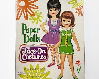 1969 Saalfield Paper Dolls Michele and Carolyn - 2 Paper Dolls with Lace-On Costumes & Tipped Laces, 1011 - Mid-Century Toys