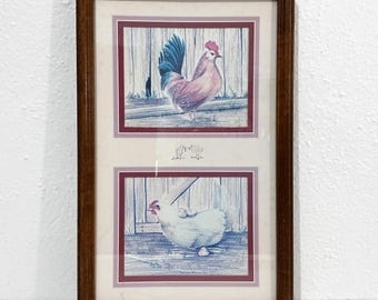 Vintage Framed Prints by Kathleen Casey, 1985 - Rooster, Hen & Chicks Prints in Double Mat Frame - Rustic Country Barnyard Wall Art