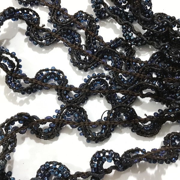 Antique Hand-Beaded Trim w/ Blue Glass Seed Beads on Metallic Cord, Double Scalloped Edge - Clothing Sewing Craft Home Decor Jewelry Trim