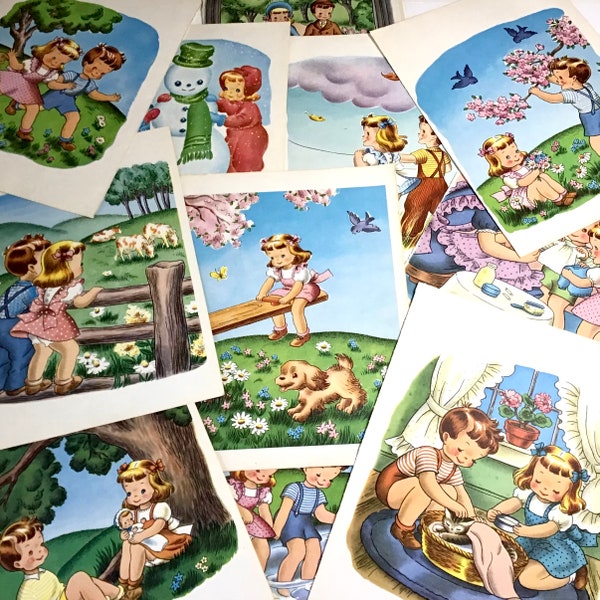 11 Vintage Book Pages - 1940s Children Playing Themed Ephemera - Cute Girl & Boy Color Illustrations, Retro Kids Prints, Collage Ephemera