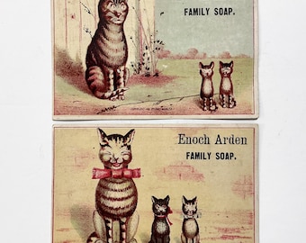 Antique Trade Cards w/ Cats - 1881 Enoch Arden Family Soap / Adrot, Christello & Co, Chicago - Whimsical Victorian Mom + Pop Cats w/ Kittens