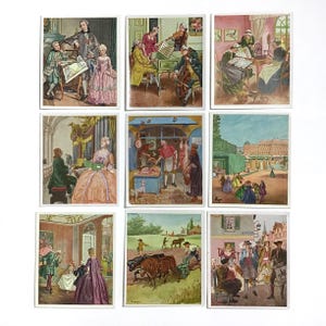 german cigarette cards 9 Vintage German Cigarette Cards - German Life #9 - 18th Century Regency  People Interiors Street Scenes Work, Pastel Fragonard/rococo Style