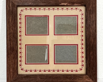 Vintage Wooden Picture Frame w/ Collage Mat - 15 x 15” Barn Wood Frame w/ 4 Mat Openings & Folk Art Red Heart Border, Multi Photo Display