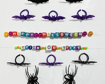 Assorted Halloween Party Favors, Jewelry and Craft Supplies - Black & Purple Plastic Bat Rings, Black Spider Rings, Seasonal Alphabet Beads