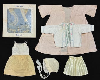Vintage Doll Clothes for Large Size Doll, 1950-60s - Dress, Skirt, Bonnet, 2 Jackets & Hand Knit Bonnet Sweater Booties Set