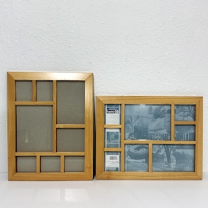 May include: Two light-toned wooden collage picture frames. The left frame has a vertical orientation with eight rectangular openings. The right frame is horizontal with seven openings, one containing a label reading home frame 5x7 in.