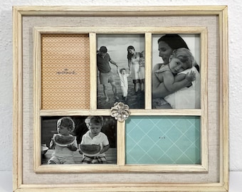 Vintage Hallmark Decorative Multi Photo Collage Picture Frame - 16x13” White Washed Wood, Linen Border, Silver Flower, Coastal Shabby Chic
