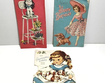 3 MCM Puppies, Girls and Flowers Greeting Cards - Cute 1950s Pink & Blue Birthday/Get Well Cards - Retro Collage Scrapbook Art Craft Supply