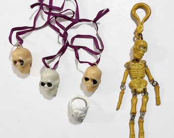 Halloween Skeleton & Skulls - 1980s Skeleton w/ Rhinestone Eyes, Skull Charms and Skull Ring -Dia De Los Muertos - Jewelry Craft Supplies