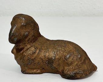 Vintage Lamb Sheep Figurine - Cold Painted Cast Iron Golden Lamb Lying Down w/ Bell Around Neck - Primitive Shelf Sitter, Nativity Decor