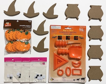 Assorted Halloween Craft Supplies - Witch Hat & Cauldron Cutout Decorations, Pumpkin Felt Stickers, Pumpkin Carving Tool Kit, Googley Eyes