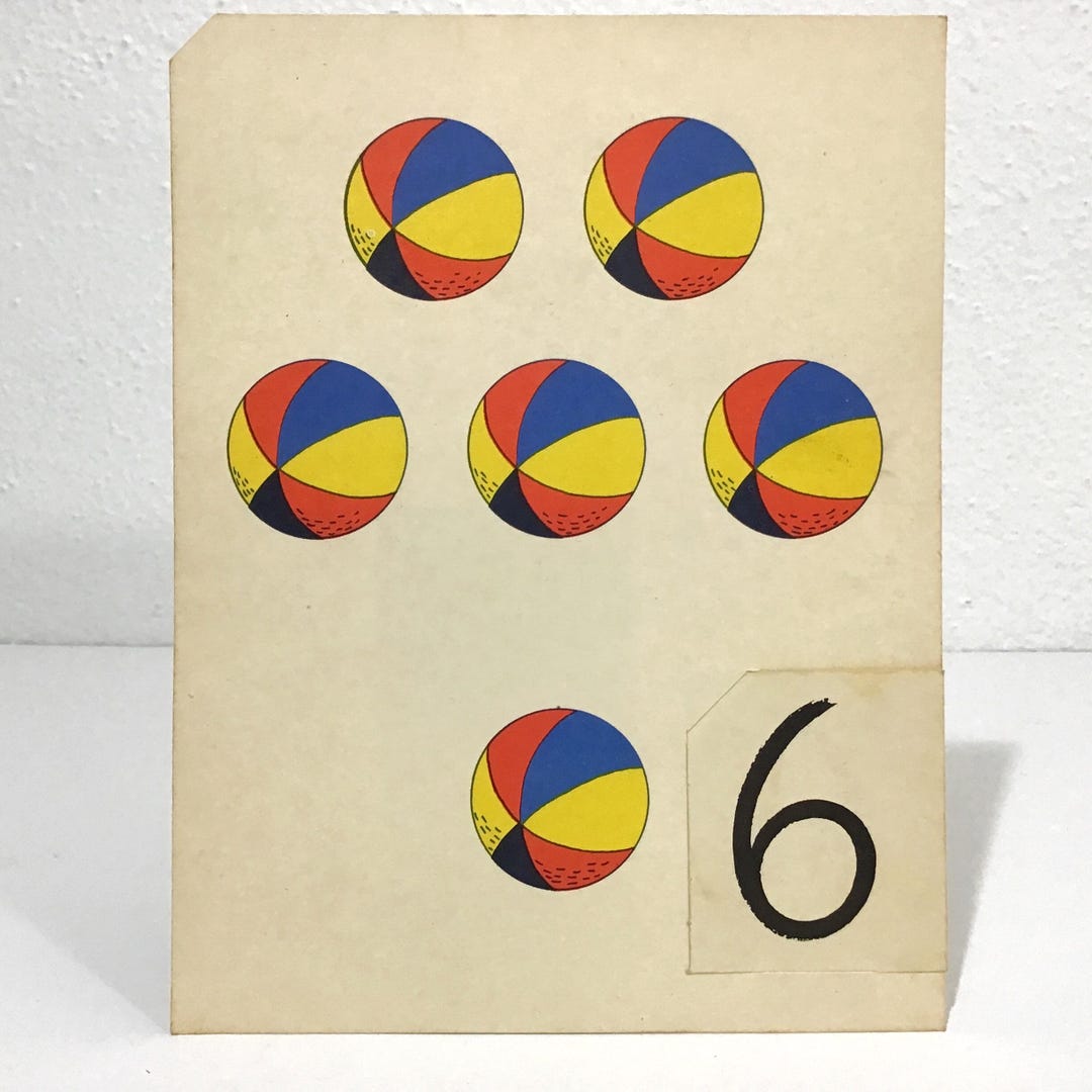 1949 Arithmetic Card - Beach Balls & Blue Lambs, 6 - Colorful Mid ...