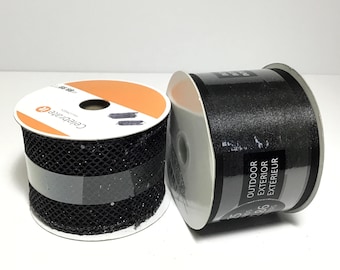 2 Rolls Midnight Black Ribbon - 2 1/2” Metallic Glitter Mesh Wired Ribbon & Soft Sheen Indoor/Outdoor Ribbon, Gothmas Crafts Decoration