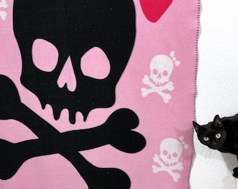 Pink Black Skull w/ Bow and Crossbones Blanket - Halloween Wall Hanging - Punk Kawaii Pastel Goth Decor, Dia De Los Muertos