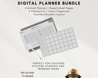 May include: Digital planner bundle with undated, hyperlinked pages, and a teacher/student layout. The image includes a planner, a calendar, and a pencil. Text on the image says "Created by an Entrepreneur & Homeschool Mom" and "Download Now."