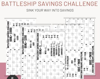 May include: A collection of five "Battleship Savings Challenge" printable sheets. Each sheet features a grid with letters and numbers, designed to track savings goals. The text includes "The Acme Planner" and "Sink Your Way Into Savings."