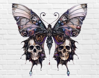 Gothic Butterfly PNG #4 | Monarch Butterfly Tattoo PNG | Skull Png | Whimsical Butterfly PNG Flying | Watercolor Retro Simple Outline