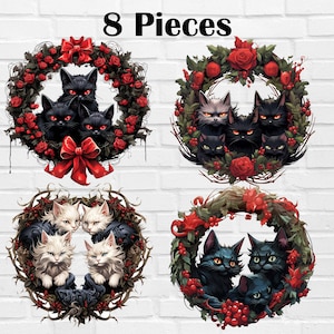 Schwarze Katze Kranz PNG | Gothic niedlichen Katzen Weihnachtskranz PNG | Schwarze Katzen Frohe Weihnachten Kranz Png
