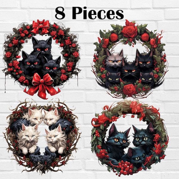 Black Cat Wreath PNG | Gothic Cute Cats Christmas Wreath PNG | Black Cats Merry Christmas Wreath Png