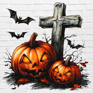 May include: A digital illustration of a Halloween scene featuring two carved orange pumpkins with glowing eyes and mouths, a weathered stone cross, and several black bats. The pumpkins sit on a bed of dark grass and leaves.