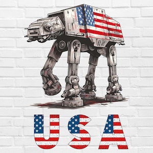 May include: A gray and silver AT-AT walker with an American flag design. The walker is standing on a white brick wall. The text "USA" is written below the walker in red, white, and blue.