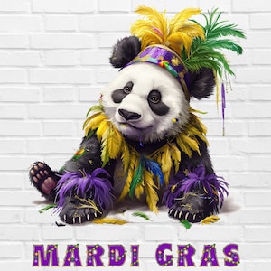 May include: A digital illustration of a panda bear dressed in Mardi Gras attire. The panda is wearing a feathered headdress and a collar of yellow and purple feathers. The words "MARDI GRAS" are written in purple letters at the bottom of the image.