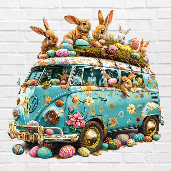 Retro Easter PNG | Easter Bunny PNG | Retro Volkswagen Van Easter PNG | Hippie Easter Png | Easter Rabbit Png | Easter Egg Png