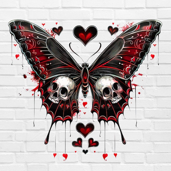 Gothic Butterfly PNG #1 | Monarch Butterfly Tattoo PNG | Skull Png | Whimsical Butterfly PNG Flying | Watercolor Retro Simple Outline