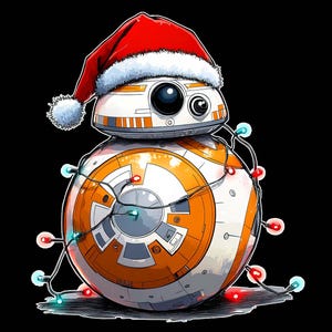 Peut inclure: Un robot blanc et orange portant un chapeau de P&egrave;re No&euml;l rouge avec des lumi&egrave;res de No&euml;l enroul&eacute;es autour de lui.