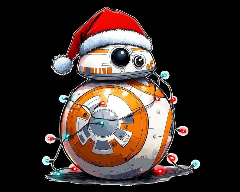 Peut inclure: Un robot blanc et orange portant un chapeau de P&egrave;re No&euml;l rouge avec des lumi&egrave;res de No&euml;l enroul&eacute;es autour de lui.