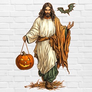 May include: Illustration of a figure in white robes and a brown cloak, holding a jack-o'-lantern. A bat flies nearby. The figure is standing on straw, against a white brick wall. Halloween theme.