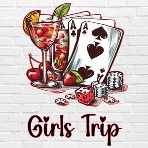 Viaggio per ragazze PNG / Viaggio per ragazze a Las Vegas PNG / Camicia per viaggio per ragazze PNG / Viaggio per ragazze Bevande Carte da poker Clipart / Viaggio di addio al nubilato Bevande e bagagli