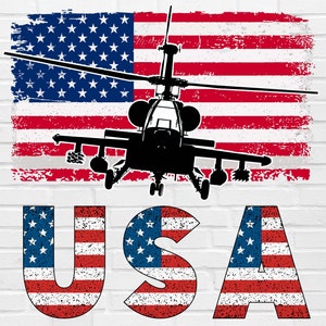 Puede incluir: Una silueta de helicóptero negro volando sobre una bandera estadounidense desgastada con la palabra "USA" escrita debajo en rojo, blanco y azul.