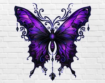 Gothic Purple Butterfly PNG #11 | Monarch Butterfly Tattoo PNG | Skull Png | Whimsical Butterfly PNG Flying Watercolor Retro Simple Outline