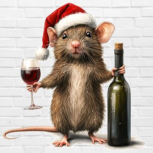 May include: A brown rat wearing a red Santa hat holds a glass of red wine in one paw and a bottle of wine in the other. The rat is standing on a white brick wall background.