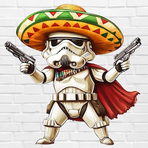 May include: Illustration of a Stormtrooper wearing a sombrero and red cape, holding two pistols. The sombrero is yellow, green, and red. The Stormtrooper is in a white suit with black sunglasses.