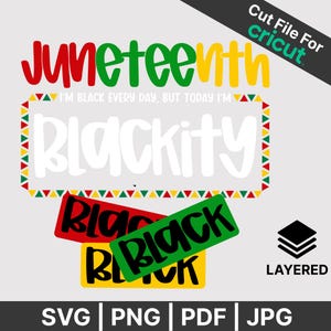 May include: A digital design for Juneteenth, featuring the word "Juneteenth" in red, green, and yellow. The design includes the text "I'm Black Every Day, But Today I'm Blackity" and the word "Black" in red, green, and yellow. The design is layered and available in SVG, PNG, PDF, and JPG formats.