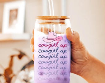 Cowgirl Up 16oz Glass Tumbler, Cute Pink Cowgirl Hat Design, Perfect Gift for Southern Belles, Texas Girls, & Western Gals