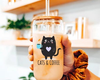 Cats & Coffee 16oz Glass Tumbler, Cute Kitty Cat Holding Coffee Cup, Perfect Gift for Cat Lovers and Coffee Enthusiasts, Glass Coffee Sipper