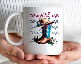 Cowgirl Up Coffee Mug, Cowgirl Boot Cowgirl Hat Ceramic Coffee Cup, Southern Belle Texas Girl Drinking Cup Southern Pride Cowgirl Boots Hat